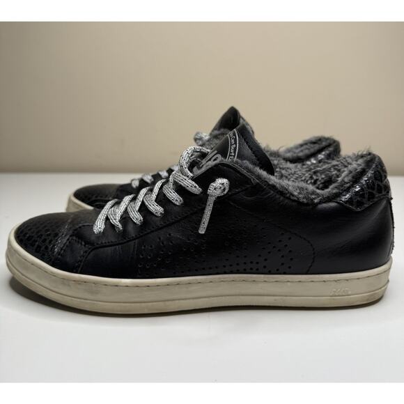 P448 John Trainers Womens EU 39 US 9 Black Leather Faux Fur Low Lace Up Sneakers - Picture 1 of 12